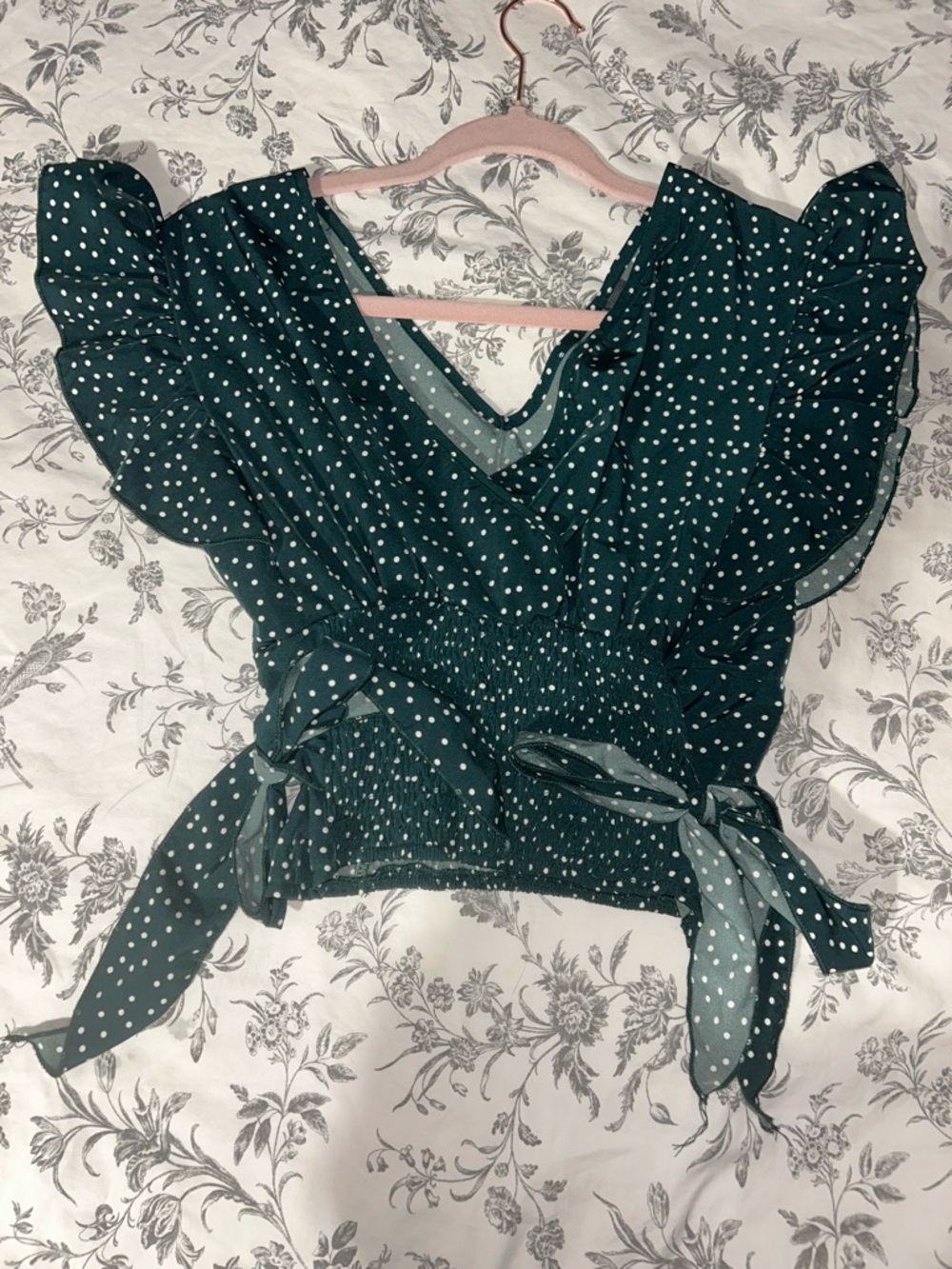 Women’s Green Polka Dot V-Neck Ruffle Top